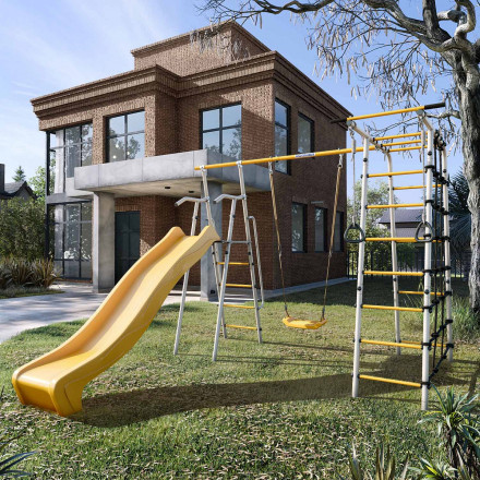 Богатырь MAX NEW ROMANA с горкой 2,2 м Детский спортивный комплекс для дачисерый желтый 