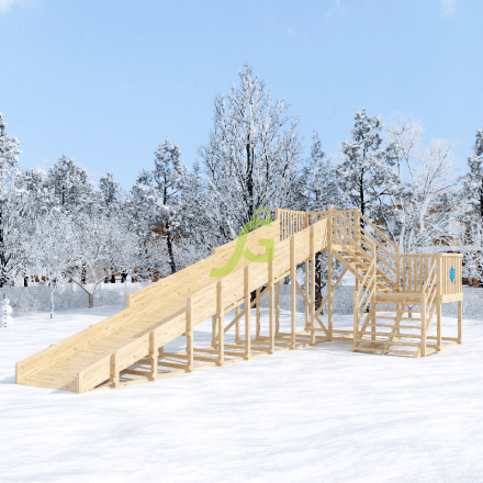Деревянная зимняя горка Snow Fox IgraGrad, скат 10 метров угловая лесенка без покрытия 